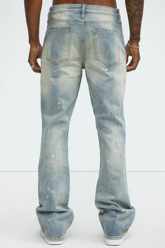 Ripped And Bleach Splatter Stacked Slim Flare Jeans - Light Blue Wash
