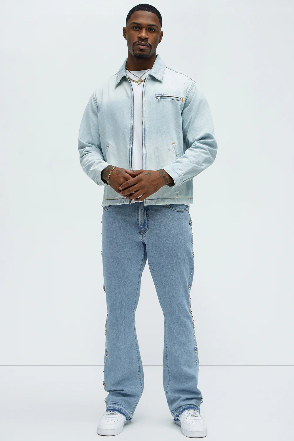 Western Studded Stacked Slim Flare Jeans - Light Wash