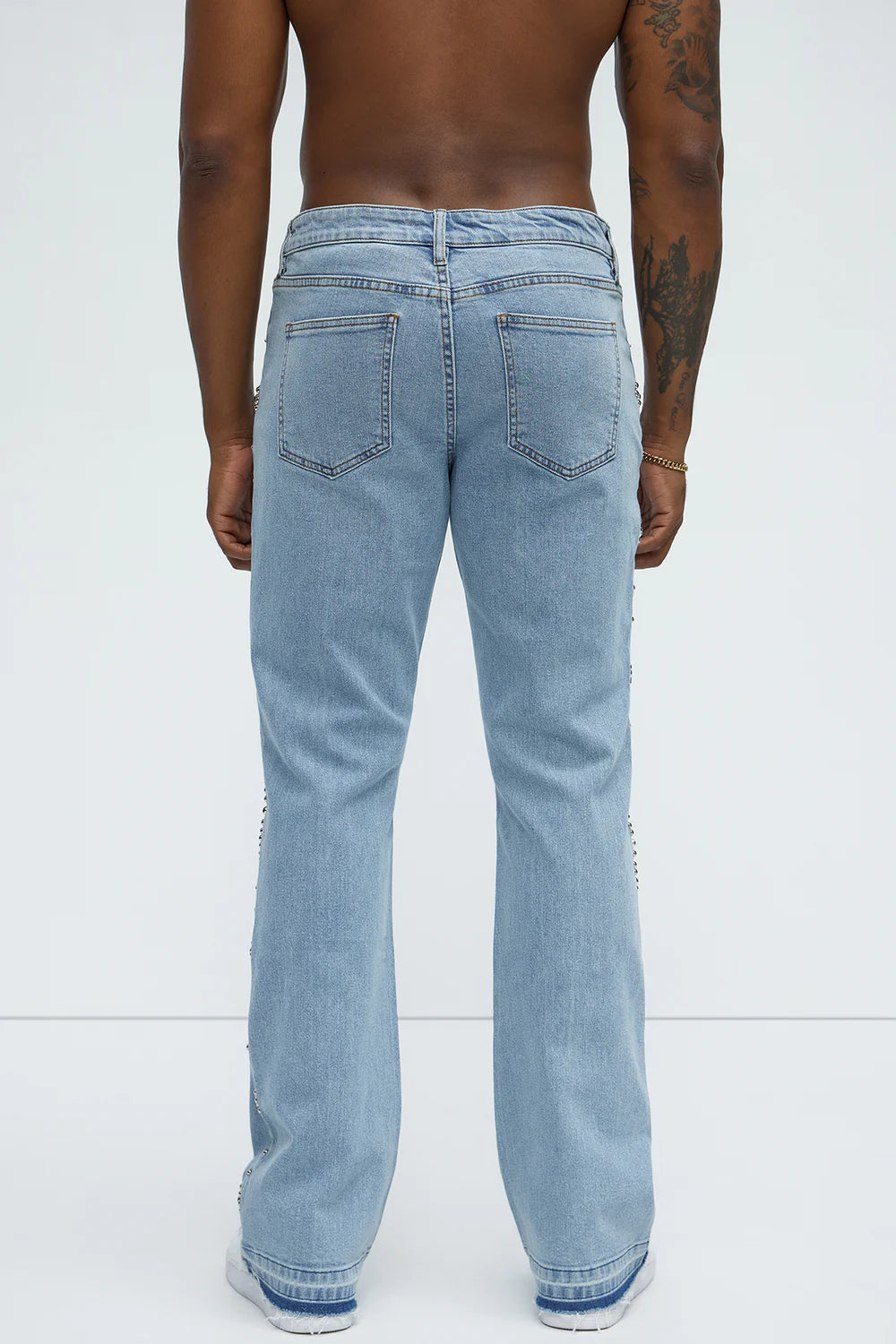 Western Studded Stacked Slim Flare Jeans - Light Wash