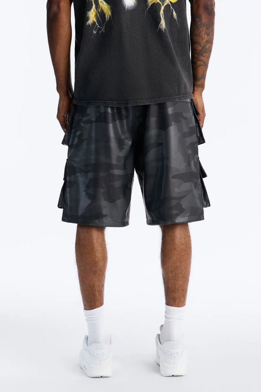 Faux Leather Camo Mirage Cargo Short - Grey