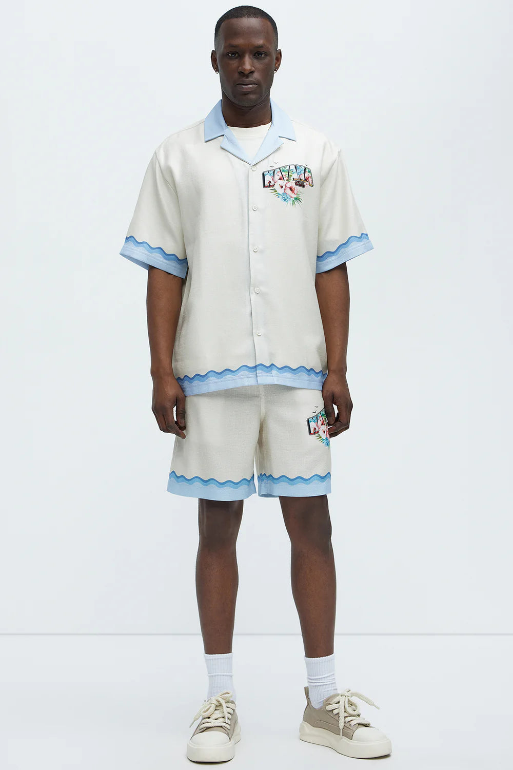 Havana Colorblock Border Print Button Up Shirt - Cream/combo