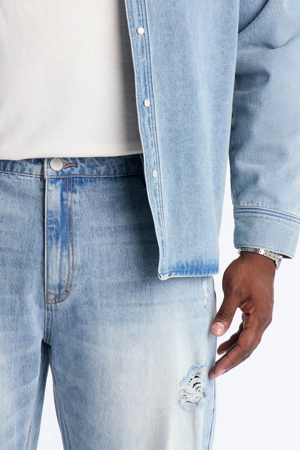 Essential Destroyed Straight Rigid Jean - Light Blue Wash
