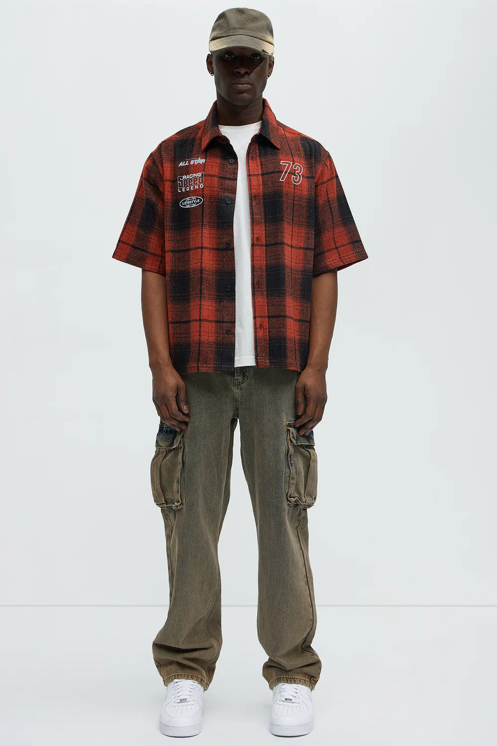 All Star Plaid Button Down Cropped Short Sleeve Shirt - Orange/combo