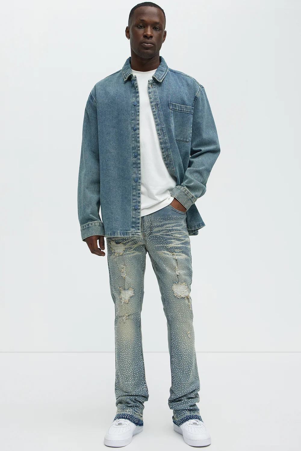 Stacked Skinny Flare On My Bling Distressed Jeans - Medium Blue Wash