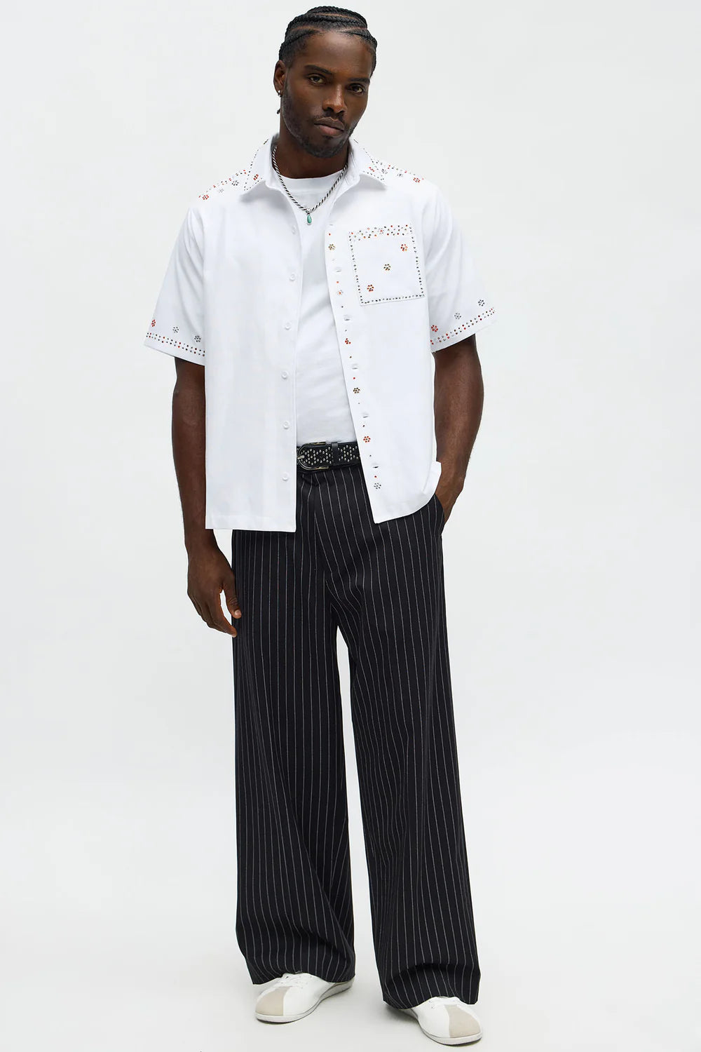 Midnight Blossom Rhinestone Button Up - White