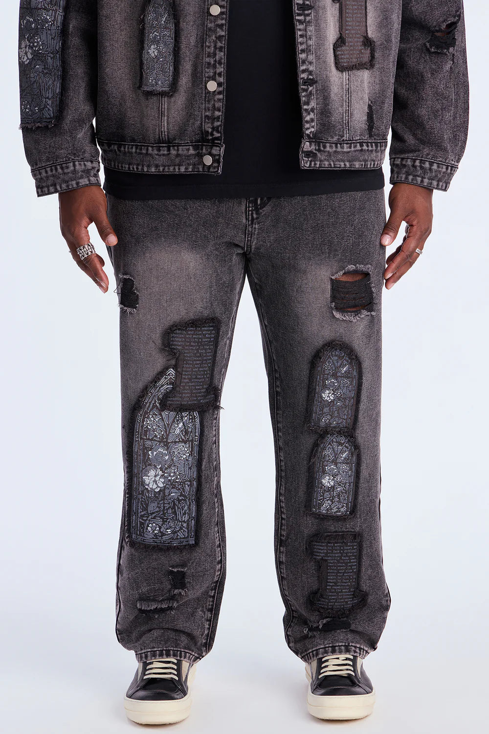 Straight In Due Time Distressed Patch Jean - Black Wash