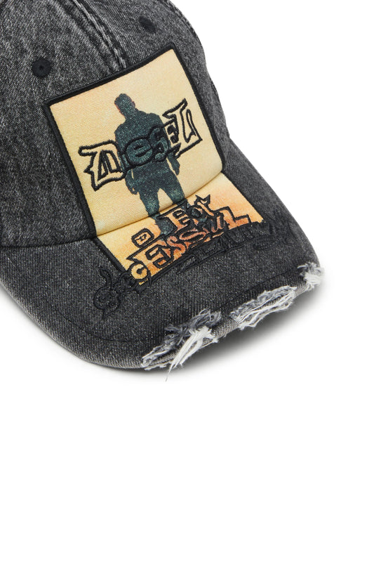 Denim baseball cap with patch and frayed details