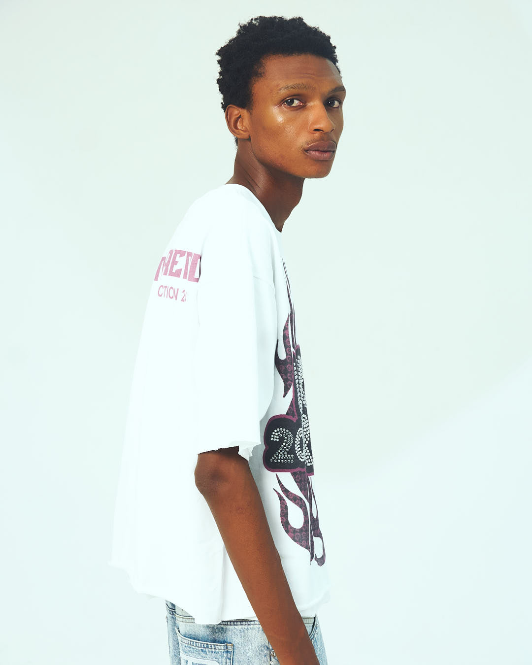 Rhinestone Logo Boxy Fit Cropped T-Shirt - White