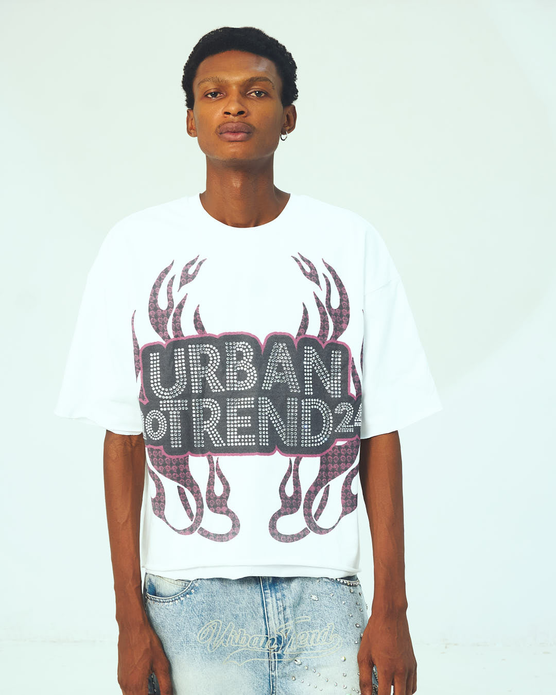Rhinestone Logo Boxy Fit Cropped T-Shirt - White