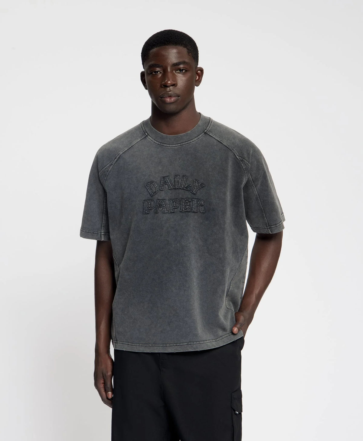 Boxy Washed Black Raglan Stacked Dias Jersey T-Shirt