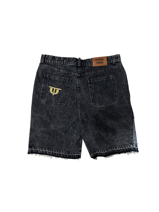 Opulent Denim Front Embroidered Short - Washed Black