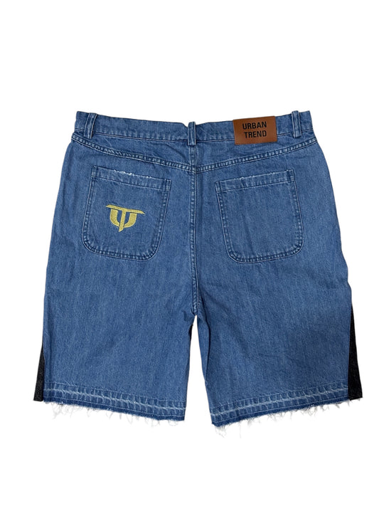 Opulent Denim Front Embroidered Short - Washed Blue