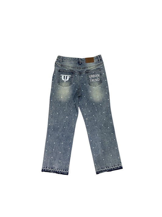 Flare Baggy Rhinestone Denim - Blue