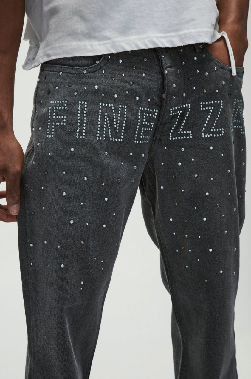 Rhinestone Studded Slogan Straight Fit Jeans