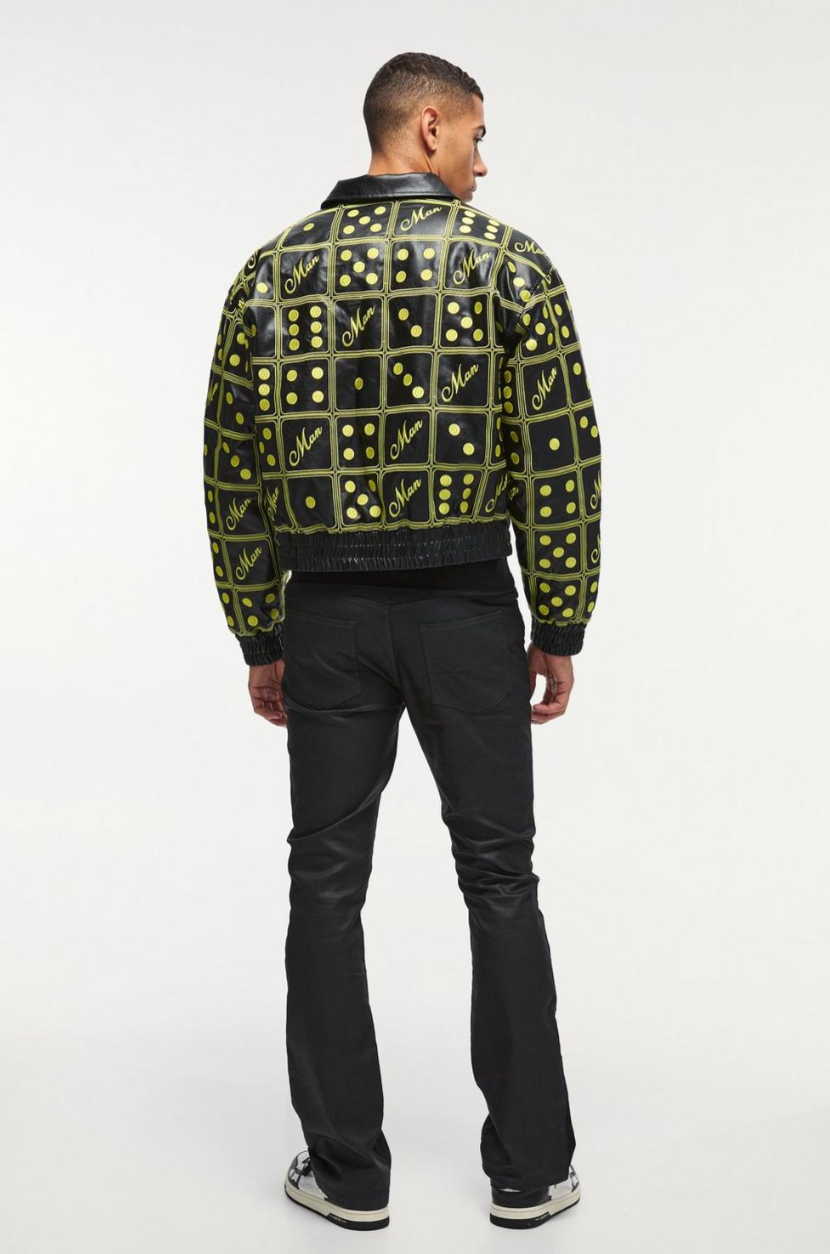 Boxy Man Dice Embroidered PU Bomber Jacket In Black
