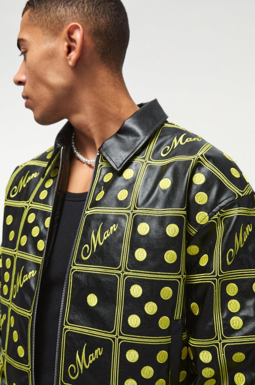 Boxy Man Dice Embroidered PU Bomber Jacket In Black