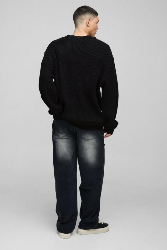 Relaxed Rigid Distressed Panelled Crinkle Wash Denim Jeans