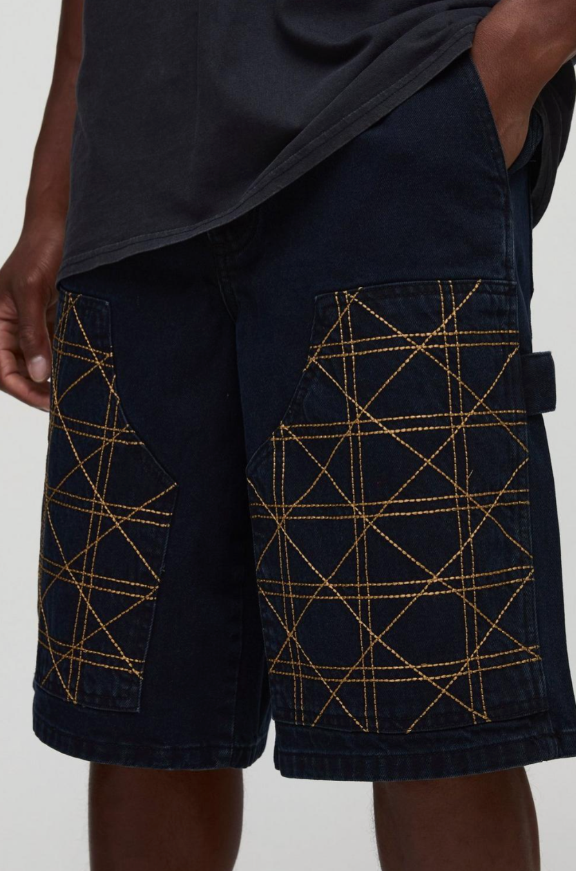 Regular Fit Carpenter Contrast Stitch Denim Jorts - Black