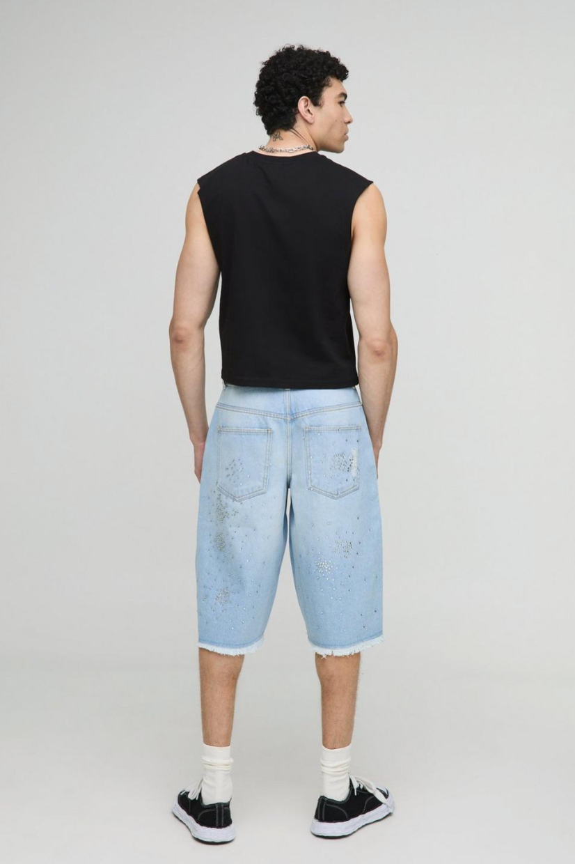 Longline Distressed Embellished Rigid Jorts In Blue