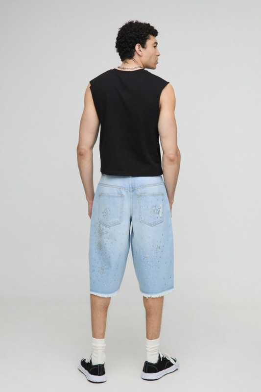 Longline Distressed Embellished Rigid Jorts In Blue