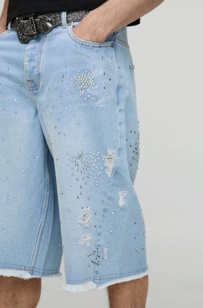 Longline Distressed Embellished Rigid Jorts In Blue