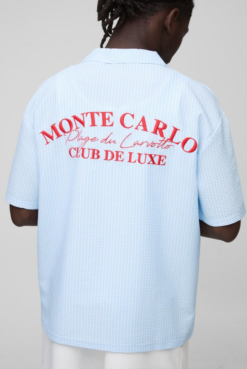 Oversized Embroidered Stripe Seersucker Revere Shirt
