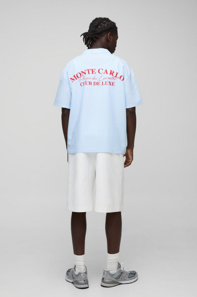 Oversized Embroidered Stripe Seersucker Revere Shirt