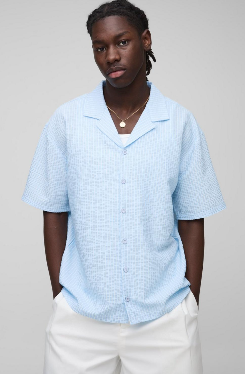 Oversized Embroidered Stripe Seersucker Revere Shirt