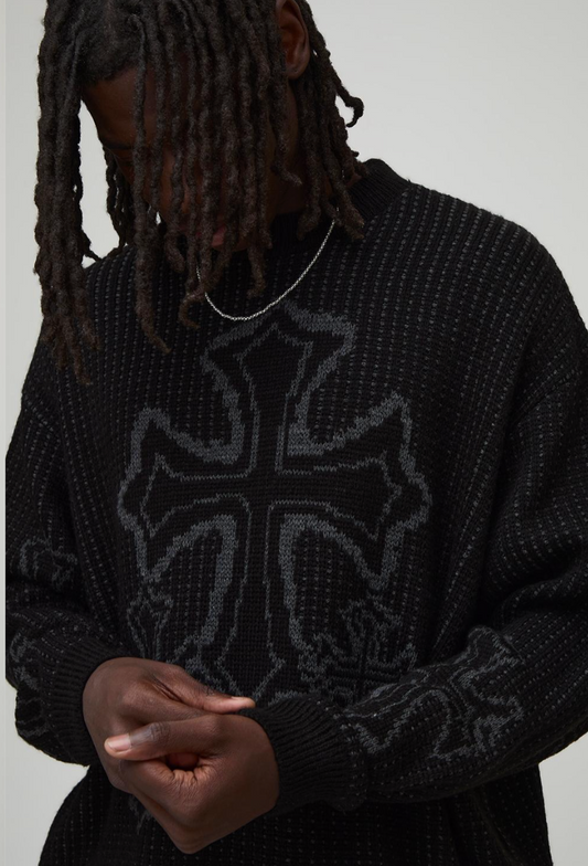 Oversized Boxy Fluffy Cross Jacquard Knitted Jumper