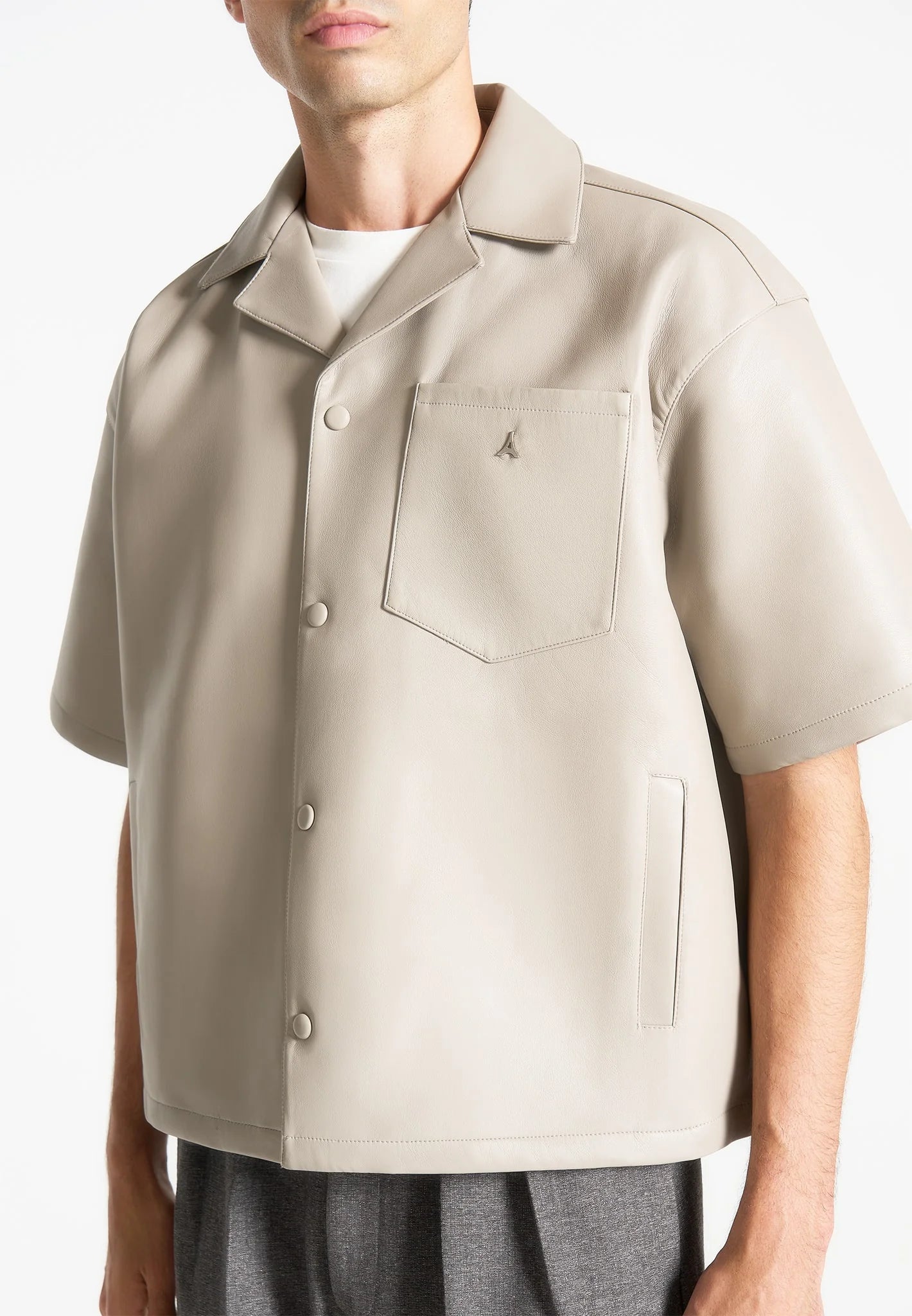 Boxy Leather Revere Shirt - Stone
