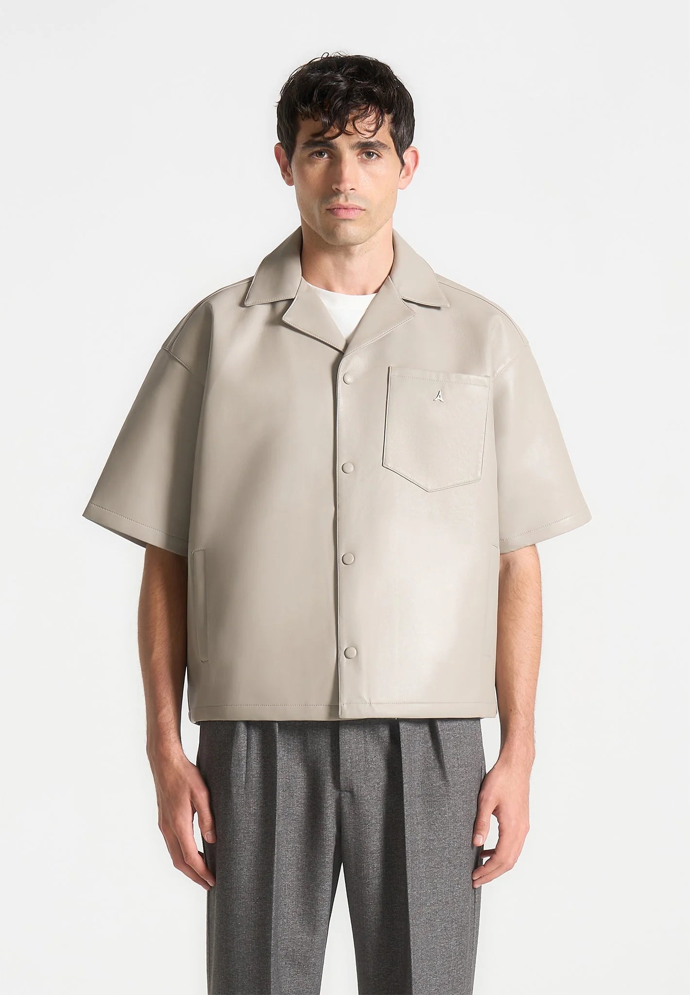Boxy Leather Revere Shirt - Stone