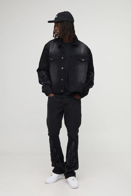 Flame Applique Stacked Slim Fit Flared Jeans