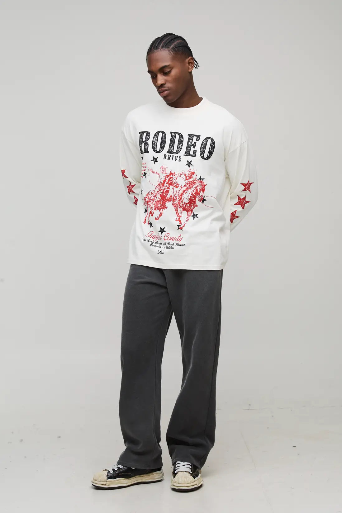 Ecru Oversized Rodeo Drive Star Long Sleeve Washed Graphic T-Shirt