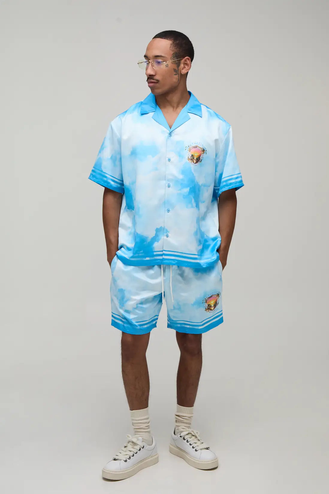 Oversized Short Sleeve Abstract Location Print Satin Shirt & Short Set