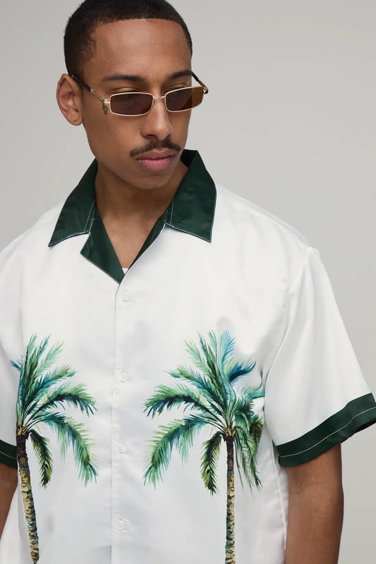 Oversized Half Sleeve Location Print Satin Shirt & Short Set