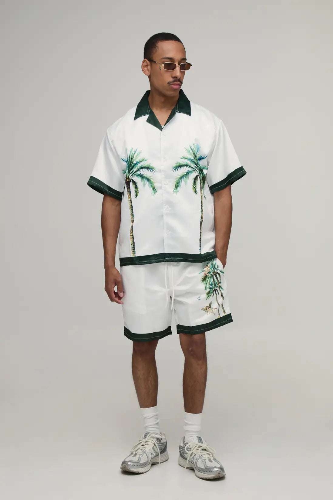 Oversized Half Sleeve Location Print Satin Shirt & Short Set