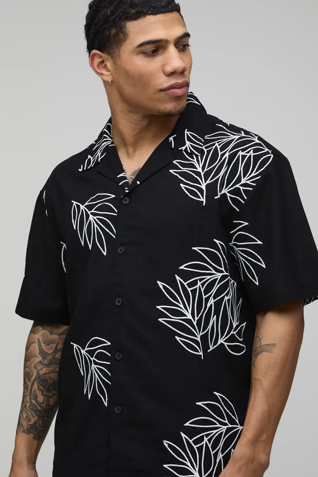 Palm Embroidered Oversized Linen Shirt & Relaxed Short Set