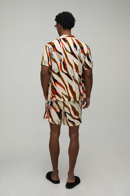 Abstract Zebra Printed Shirt & Swim Short Set