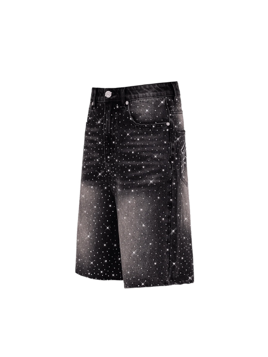 Rhinestone Denim Jorts - Black