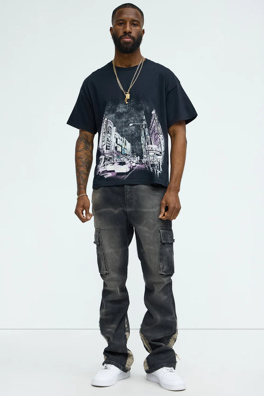 Kaine Stacked Slim Flare Jeans - Black Wash
