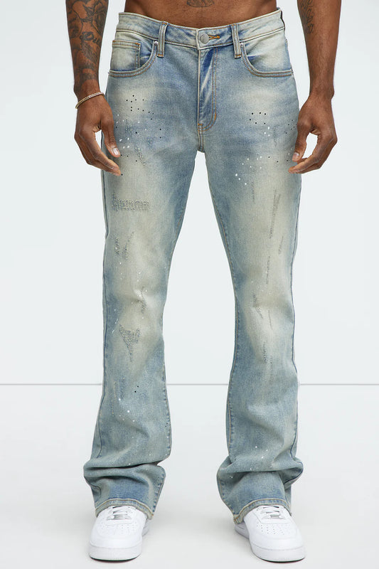 Ripped And Bleach Splatter Stacked Slim Flare Jeans - Light Blue Wash
