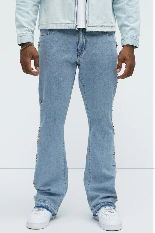 Western Studded Stacked Slim Flare Jeans - Light Wash