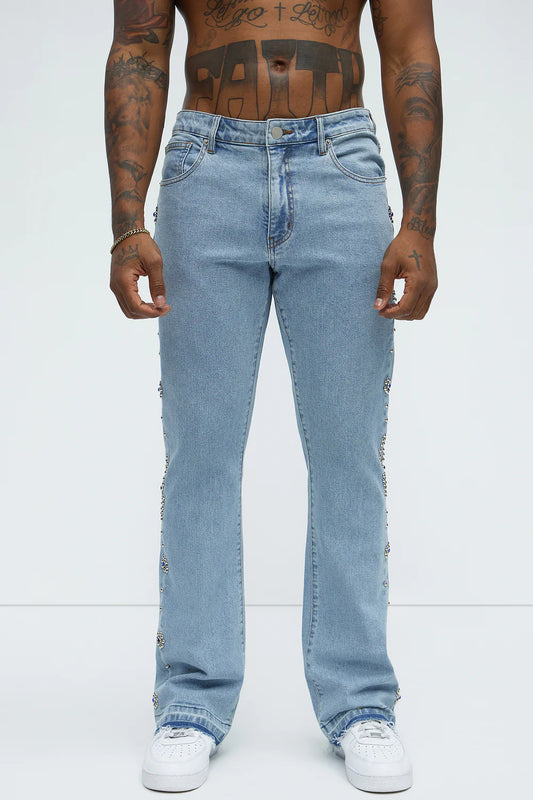 Western Studded Stacked Slim Flare Jeans - Light Wash