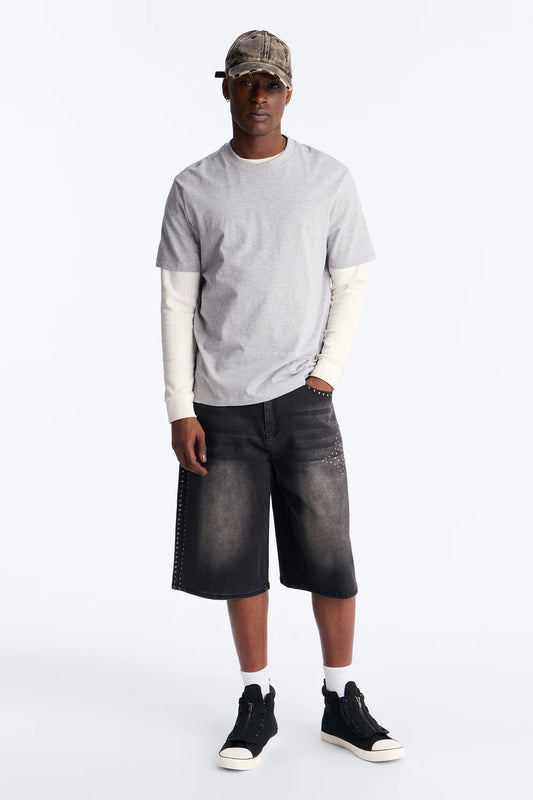 In Denim We Trust Baggy Studded Denim Short - Black Wash