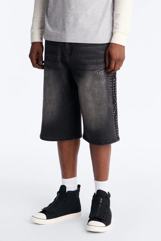 In Denim We Trust Baggy Studded Denim Short - Black Wash