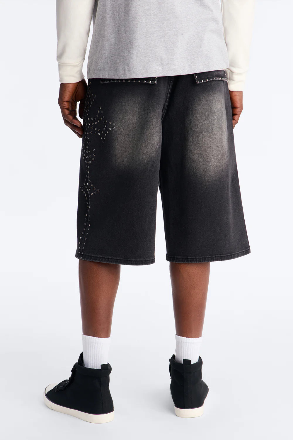 In Denim We Trust Baggy Studded Denim Short - Black Wash