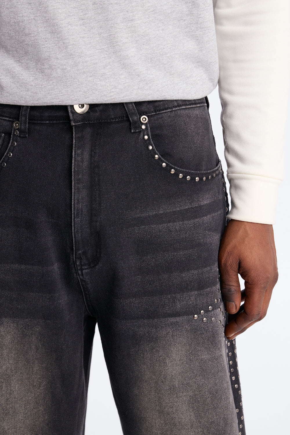 In Denim We Trust Baggy Studded Denim Short - Black Wash