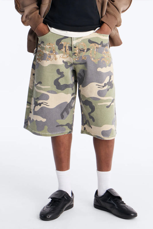 Relaxed Saints Embellished Camo Denim Shorts - Camouflage