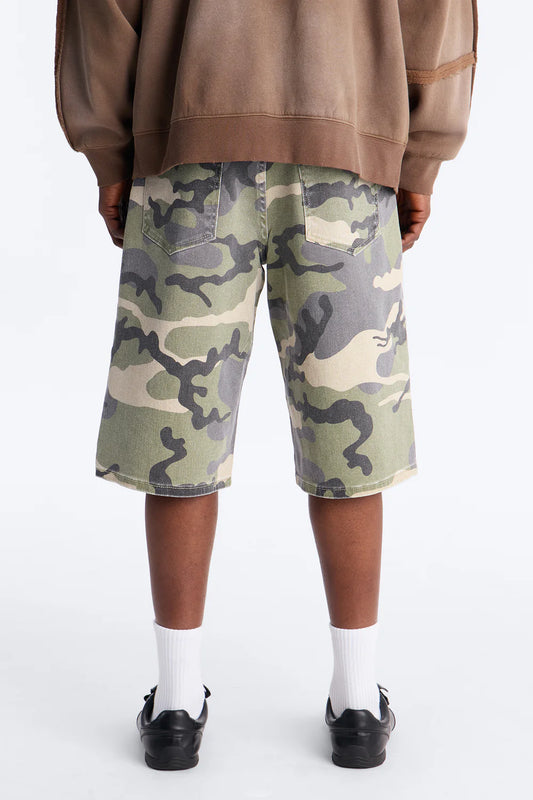 Relaxed Saints Embellished Camo Denim Shorts - Camouflage