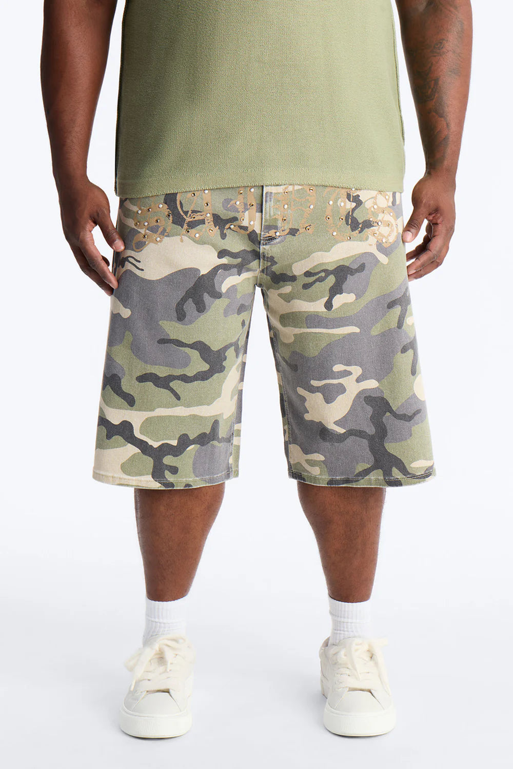 Relaxed Saints Embellished Camo Denim Shorts - Camouflage